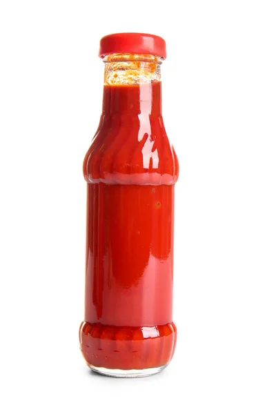 Glasflaska Ketchup Vit Bakgrund — Stockfoto