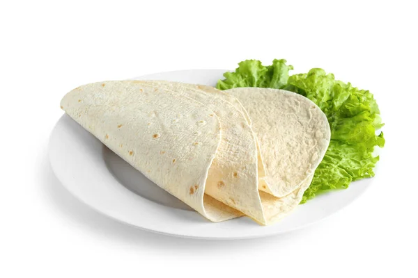 Teller Mit Dünnem Lavasch Und Salat Auf Weißem Hintergrund — Stockfoto