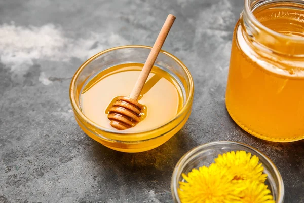 Jar Bowl Dandelion Honey Dark Grunge Background — Stock Photo, Image