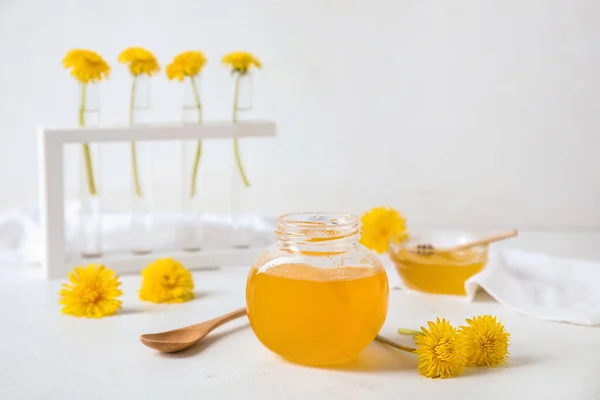 Jar Bowl Dandelion Honey White Table — Stock Photo, Image