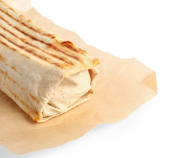 Ψήσιμο Χαρτί Νόστιμο Shawarma Λευκό Φόντο — Φωτογραφία Αρχείου