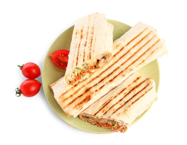 Lemez Ízletes Shawarma Paradicsom Fehér Alapon — Stock Fotó