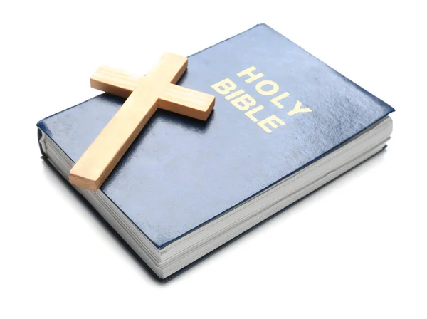 Santa Biblia Cruz Madera Aisladas Sobre Fondo Blanco —  Fotos de Stock