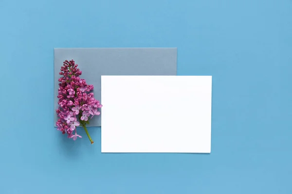 Cartões Branco Com Flores Lilás Fundo Azul — Fotografia de Stock