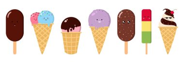 Beyaz arka planda sevimli dondurma seti