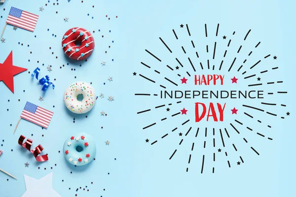 Wenskaart Voor Usa Independence Day Met Donuts Amerikaanse Vlaggen — Stockfoto