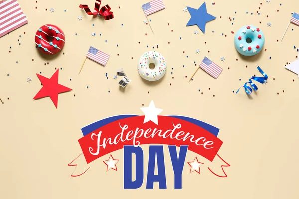 Greeting Card Usa Independence Day Donuts American Flags Beige Background — Stock Photo, Image