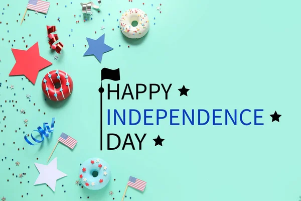 Greeting Card Usa Independence Day Donuts American Flags Turquoise Background — Stock Photo, Image