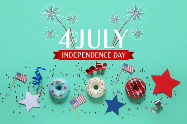 Wenskaart Voor Usa Independence Day Met Donuts Amerikaanse Vlaggen Turquoise — Stockfoto
