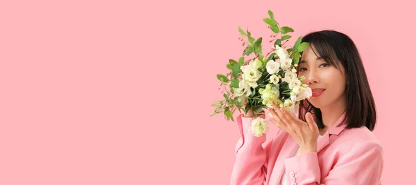 Gyönyörű Ázsiai Gazdaság Csokor Eustoma Virágok Rózsaszín Alapon Helyet Szöveges — Stock Fotó