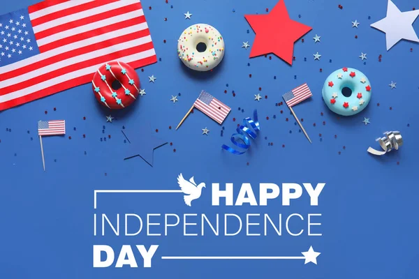 Greeting Card Usa Independence Day Donuts American Flags Blue Background — Stock Photo, Image