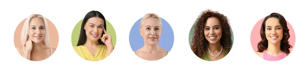 Collage Van Gelukkige Vrouwen Witte Achtergrond — Stockfoto