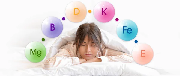 stock image Banner with young woman in bed and set of micronutrients for healthy sleep