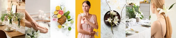 Collage Vackra Lilja Blommor Med Unga Kvinnor Vackra Dukningar Och — Stockfoto