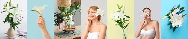 stock image Collage of beautiful lily flowers with beautiful women, books and interior