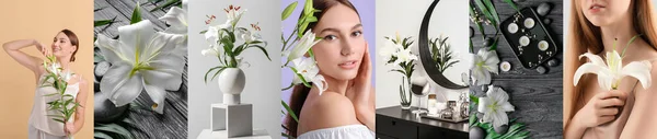 Collage Beautiful Lily Flowers Young Women Spa Stones Candles Beautiful — Stock Photo, Image