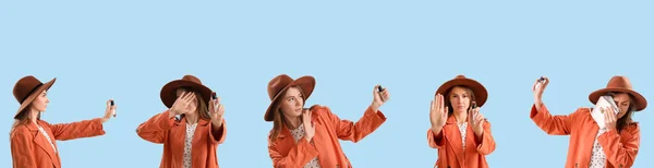 Colagem Mulher Jovem Com Spray Pimenta Fundo Azul Claro — Fotografia de Stock