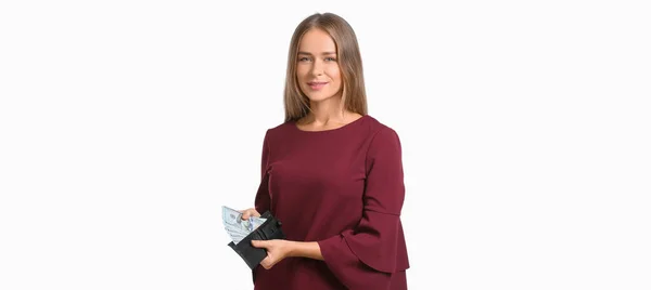 Young Woman Holding Wallet Money White Background — Stock Photo, Image