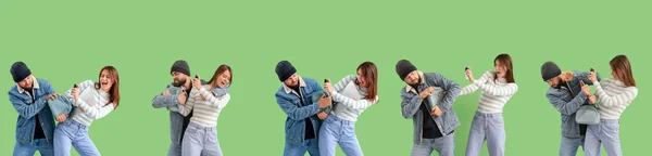Collage Ung Kvinna Med Peppar Spray Grön Bakgrund — Stockfoto