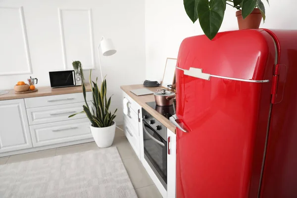 Interieur Der Modernen Küche Mit Stilvollem Kühlschrank Nahaufnahme — Stockfoto