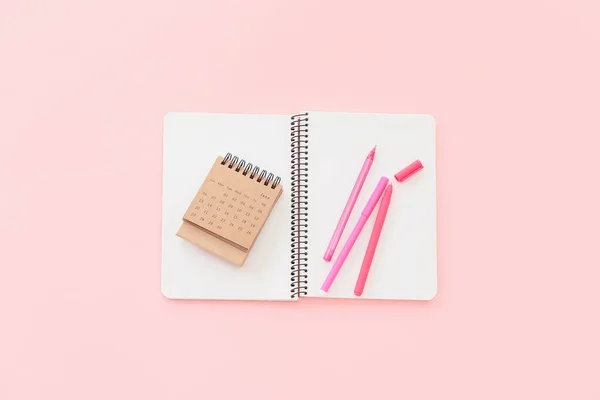Flip Paper Calendar June Notebook Pens Pink Background — Stock Photo, Image