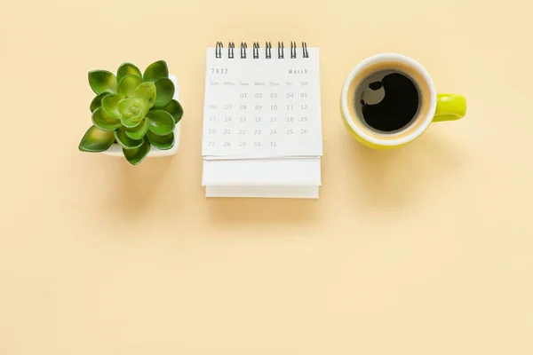 Flip Paper Calendar March Cup Coffee Houseplant Beige Background — Stock Photo, Image
