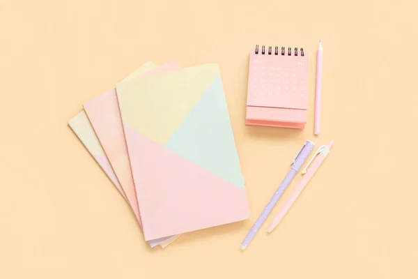 Flip Paper Calendar May Notebooks Pens Beige Background — Stock Photo, Image