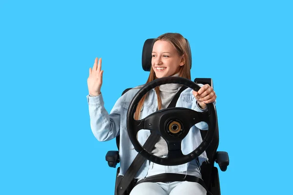 Female Student Steering Wheel Car Seat Blue Background — Stock Photo, Image