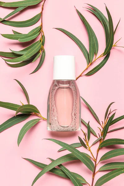 Bottle Micellar Water Plant Branches Pink Background — Stock Photo, Image