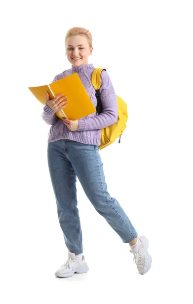 Vrouwelijke Student Met Notebook Witte Achtergrond — Stockfoto