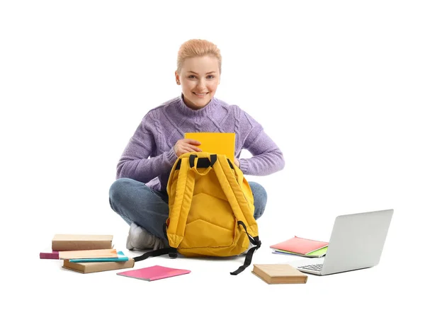Female Student Taking Notebook Backpack White Background — Stock Photo, Image