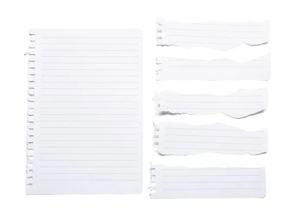 Τεμάχια Φύλλων Χαρτιού Σημειωματάριου Που Απομονώνονται Λευκό Φόντο — Φωτογραφία Αρχείου