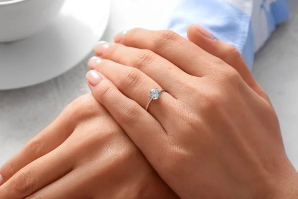 Woman Engagement Ring White Background Closeup — Stock Photo, Image