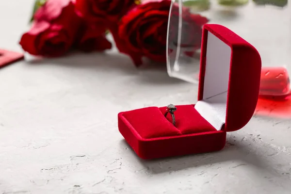 Box Engagement Ring Wine Glass Roses White Background — Stock Photo, Image