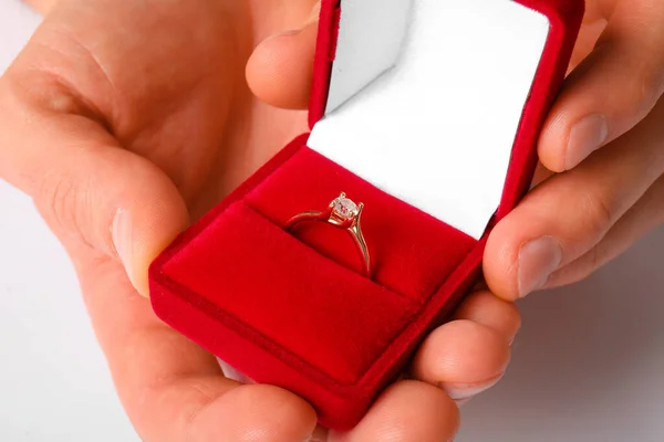 Man Holding Box Engagement Ring White Background Closeup — Stock Photo, Image