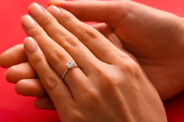Woman Engagement Ring Red Background Closeup — Stock Photo, Image