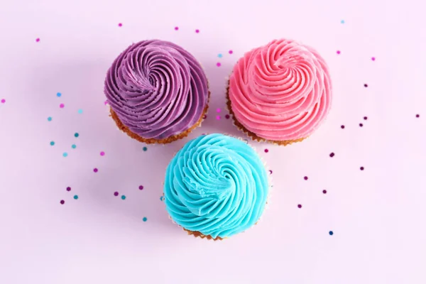 Tasty Colorful Cupcakes Purple Background — Stock Photo, Image