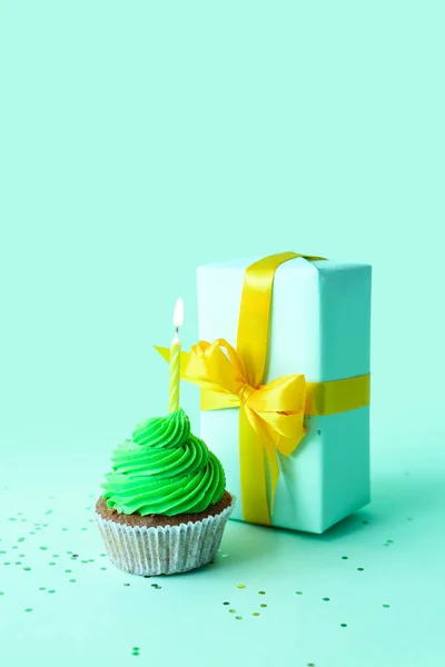 Tasty Cupcake Birthday Candle Gift Box Blue Background — Stock Photo, Image