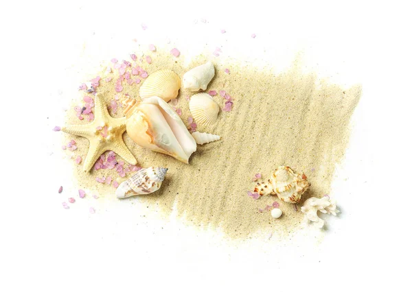 stock image Sand with seashells, purple sea salt and starfishes on white background