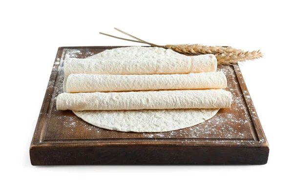 Wooden Board Thin Lavash Wheat Spikelet White Background — Stock Photo, Image