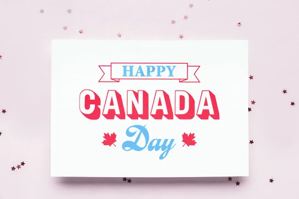 Card with text HAPPY CANADA DAY and stars on white background