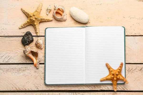 Open Notebook Starfishes Shells Stones Beige Wooden Background — Stock Photo, Image