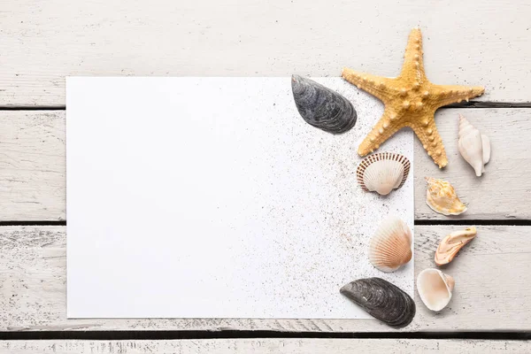 Blank Paper Sand Shells Starfish White Wooden Background — Stock Photo, Image