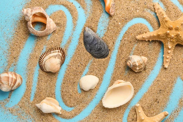 Sand Starfish Shells Blue Background — Stock Photo, Image
