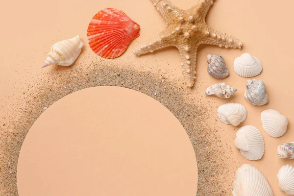 Frame Made Sand Starfishes Seashells Pale Orange Background — Stock Photo, Image