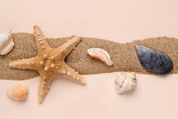 淡粉色背景的海贝和海星沙地 — 图库照片