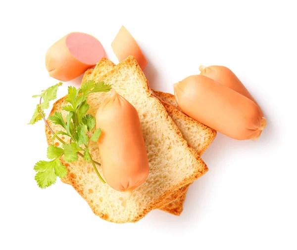 stock image Tasty boiled sausages with parsley and bread on white background