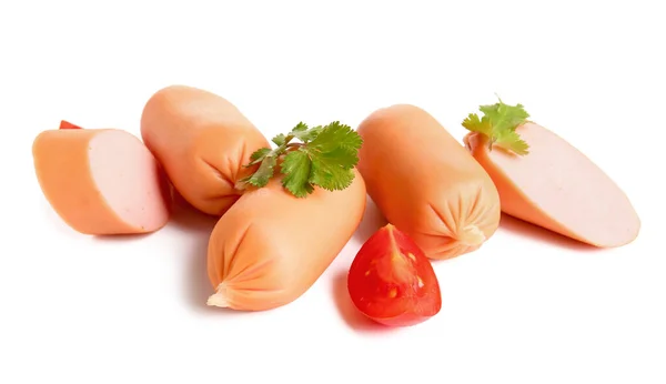 Gustose Salsicce Bollite Con Prezzemolo Pomodoro Sfondo Bianco — Foto Stock