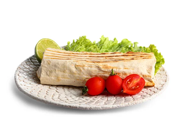 Tányér Ízletes Shawarma Salátával Paradicsom Fehér Alapon — Stock Fotó