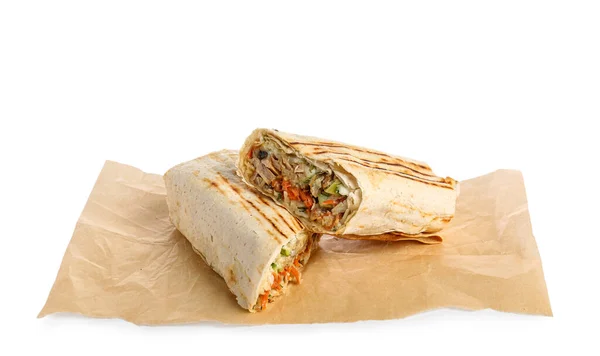Beyaz Arka Planda Lezzetli Shawarma Ile Pişirme Kağıdı — Stok fotoğraf